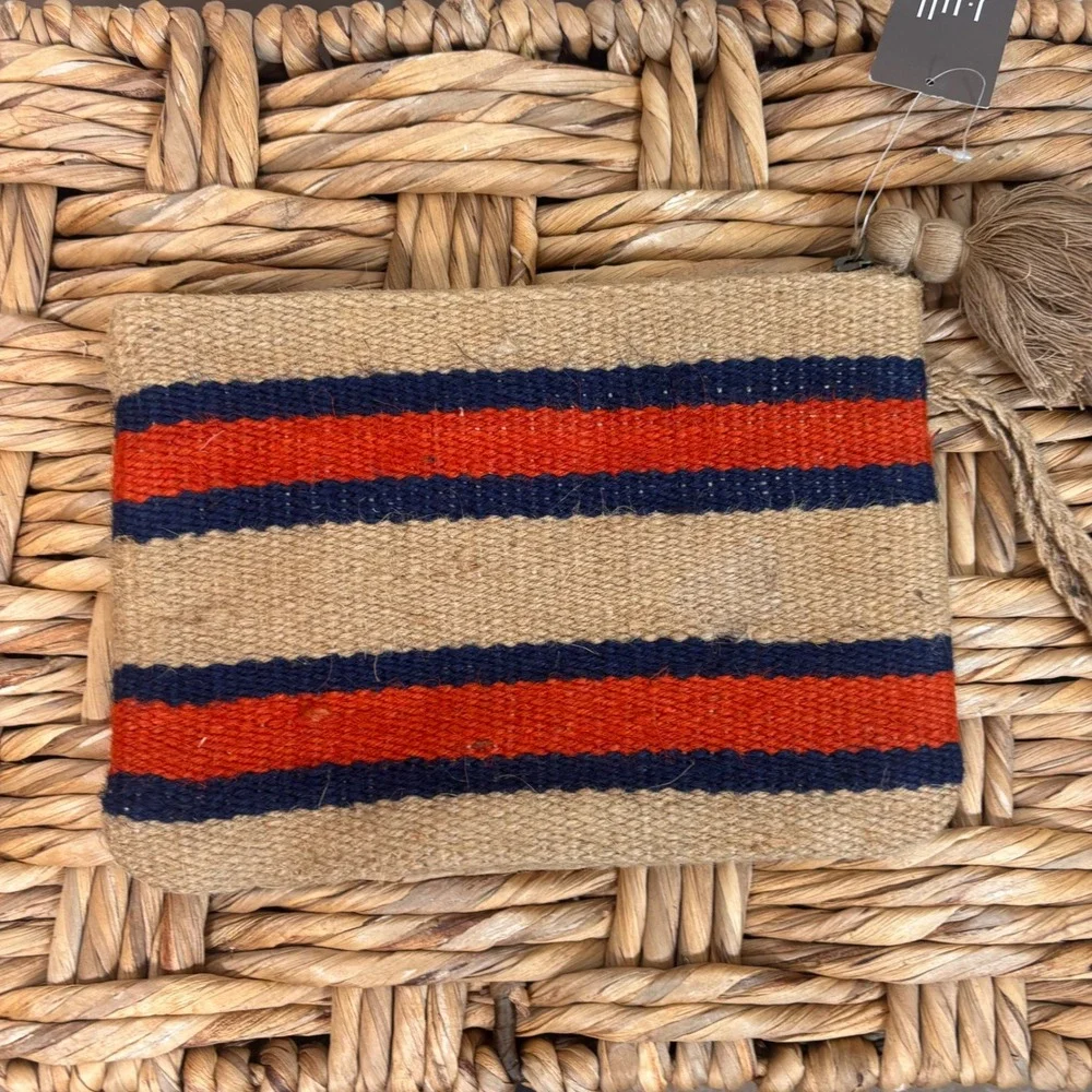 J. Jill Striped Woven Jute‎ Tassel Clutch Bag Blue Orange Tan NWT 168081